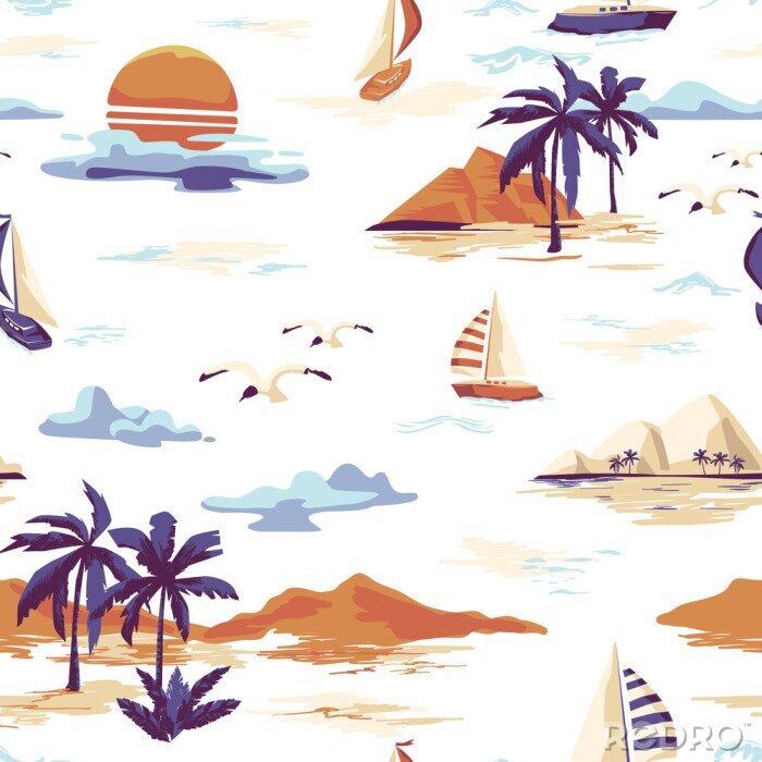 Papier peint à motif  Motif Vintage belle île sans couture sur fond blanc. Paysage avec palmiers, yacht, plage et océan vecteur style dessiné à la main