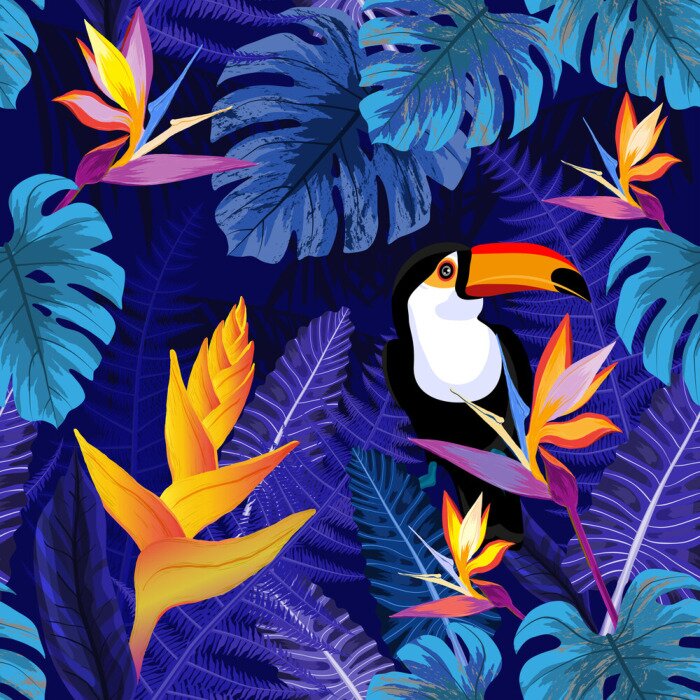 Papier peint à motif  Motif violet de toucans et de fleurs exotiques