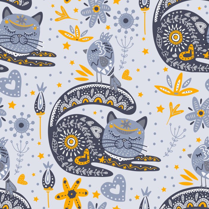 Papier peint à motif  Motifs de chats et d’oiseaux