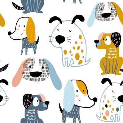 Papier peint à motif  Motifs de chiens colorés sur fond blanc