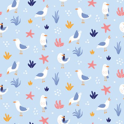 Papier peint à motif  Mouettes et plantes sur fond bleu