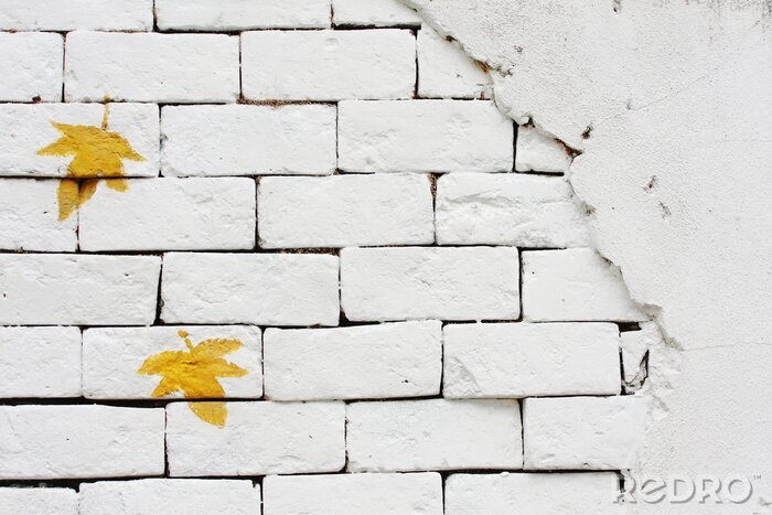 Papier peint à motif  Mur blanc feuilles jaunes