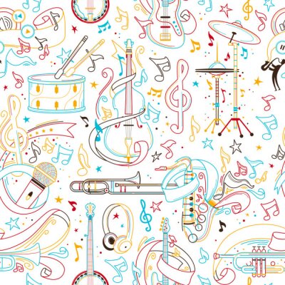 Musical instruments hand drawn outline seamless pattern