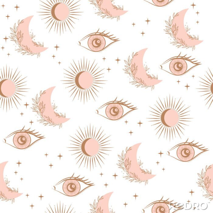 Papier peint à motif  Mystical Seamless pattern with eyes, sunand moon, esoteric and boho objects. Editable Vector Illustration