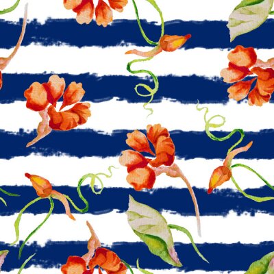 Papier peint à motif  Nasturium sur le fond nautique rayé. Aquarelle, seamless, modèle, sauvage, Été, fleurs