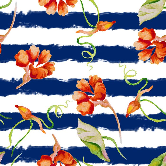 Papier peint à motif  Nasturium sur le fond nautique rayé. Aquarelle, seamless, modèle, sauvage, Été, fleurs