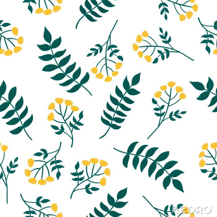 Papier peint à motif  Natural seamless pattern with tansy plant and leaves. Forest yellow flowers. Vector scandinavian style illustration.