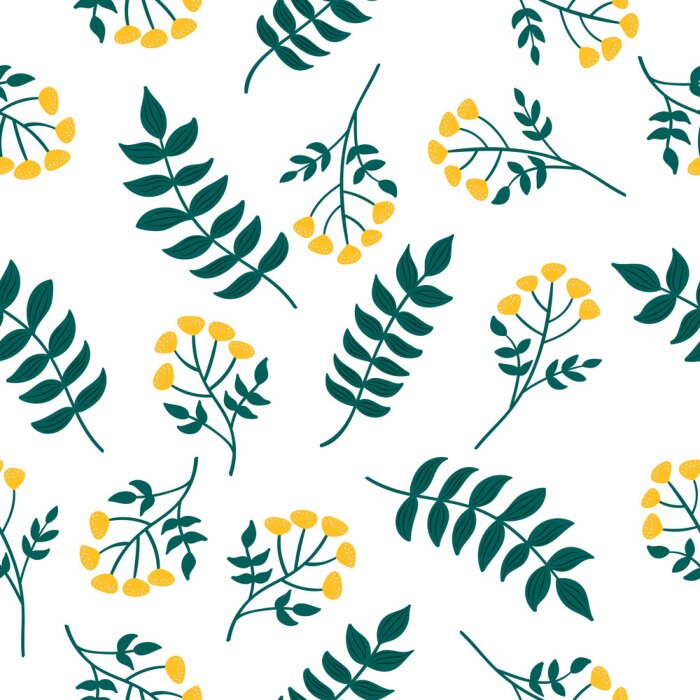 Papier peint à motif  Natural seamless pattern with tansy plant and leaves. Forest yellow flowers. Vector scandinavian style illustration.