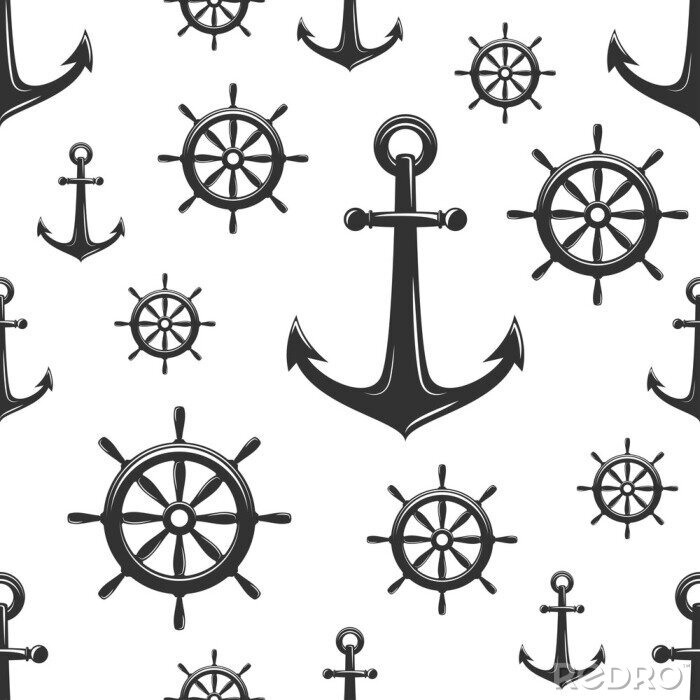 Papier peint à motif  Nautical seamless pattern with black helms and anchors on white.