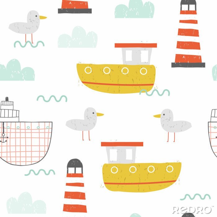Papier peint à motif  Nautical seamless pattern with ships and lighthouse. Kids hand drawn print. Vector illustration.
