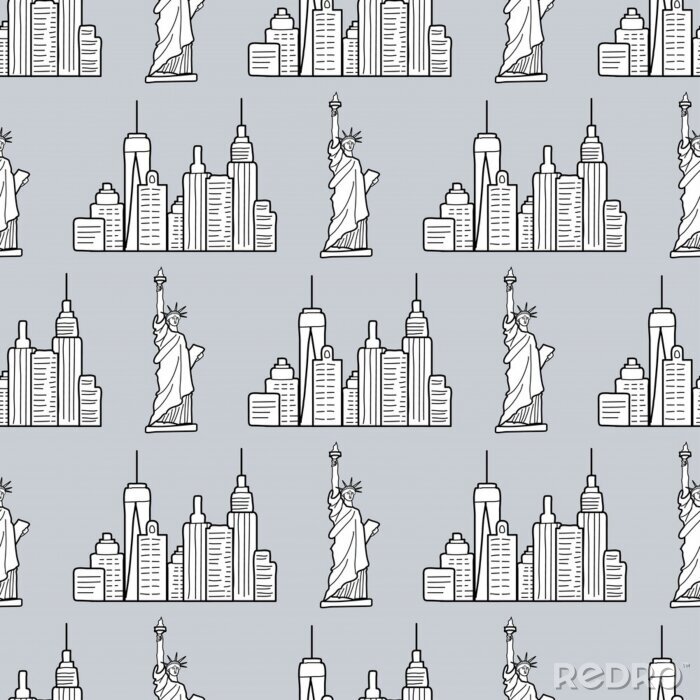 Papier peint à motif  New york pattern with the USA symbols. The Statue of liberty and city buildings line drawing. Seamless background. Urban sketch. Vector