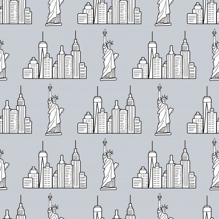 Papier peint à motif  New york pattern with the USA symbols. The Statue of liberty and city buildings line drawing. Seamless background. Urban sketch. Vector