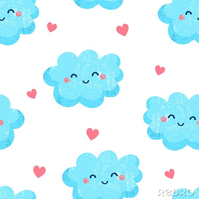 Papier peint à motif  Nuages bleus et cœurs roses