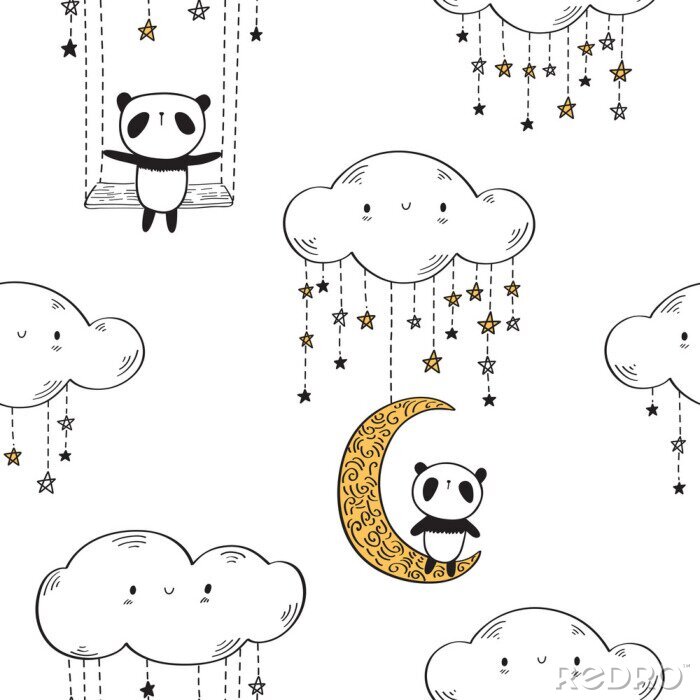 Papier peint à motif  Nuages et étoiles et pandas