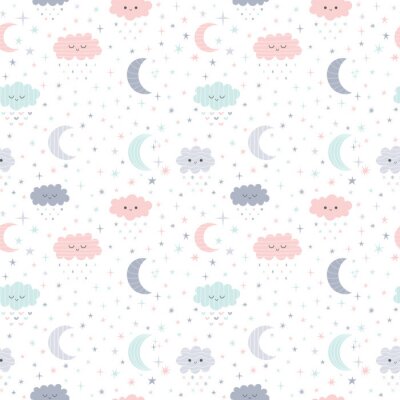Papier peint à motif  Nuages, étoiles et lunes pastel