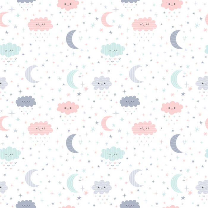 Papier peint à motif  Nuages, étoiles et lunes pastel