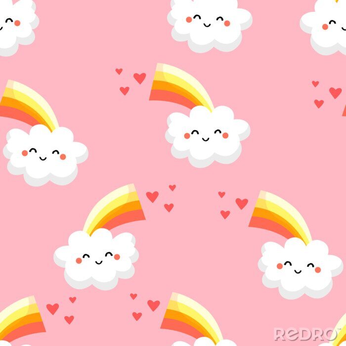 Papier peint à motif  Nuages souriants avec un arc-en-ciel