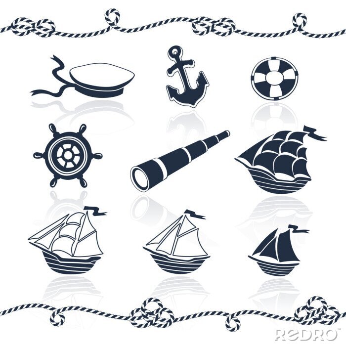 Papier peint à motif  Objets de mer prévu. Vector collection Marine. Navires, ancrage, cordes Spyglass, roues, marin, a bouée de sauvetage. Éléments nautiques isolé sur fond blanc.
