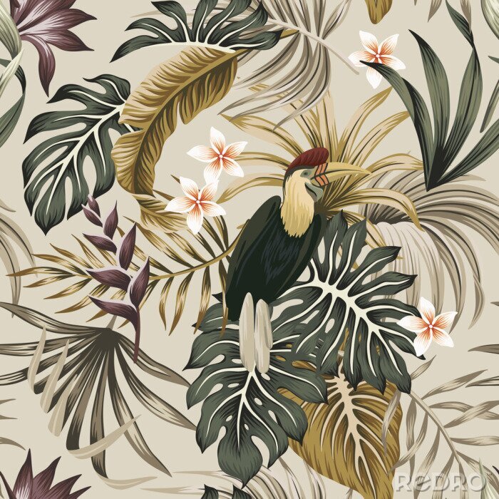 Papier peint à motif  Oiseau exotique entre des feuilles tropicales de style vintage