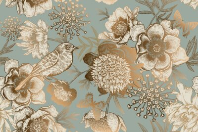 Papier peint  Oiseau parmi fleurs et papillons de style vintage