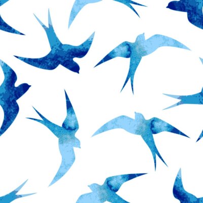 Papier peint à motif  Oiseaux aquarelles en vol dans les tons de bleu