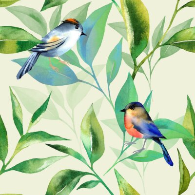 Papier peint à motif  Oiseaux aquarelles et feuilles vertes