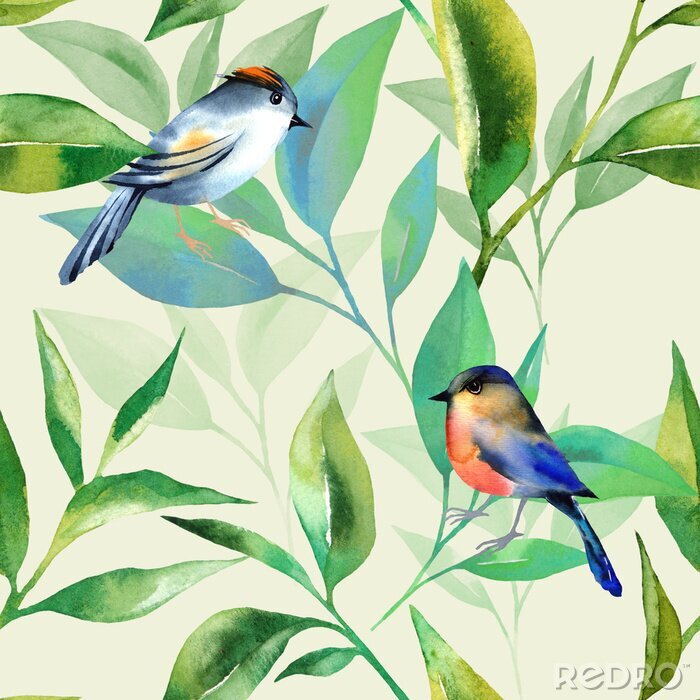 Papier peint à motif  Oiseaux aquarelles et feuilles vertes