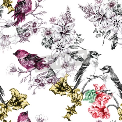 Papier peint à motif  Oiseaux assis sur des branches