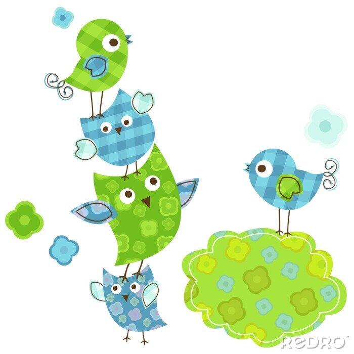 Papier peint à motif  Oiseaux bleus et verts autour d'un nuage