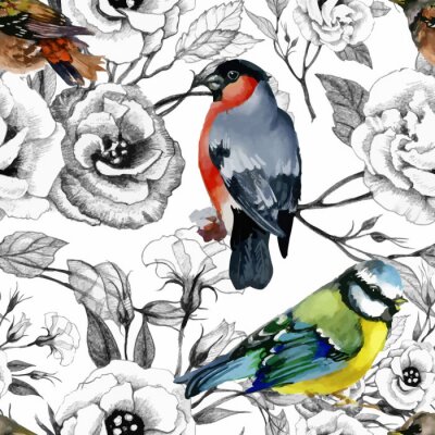 Papier peint à motif  Oiseaux colorés et fleurs noires et blanches