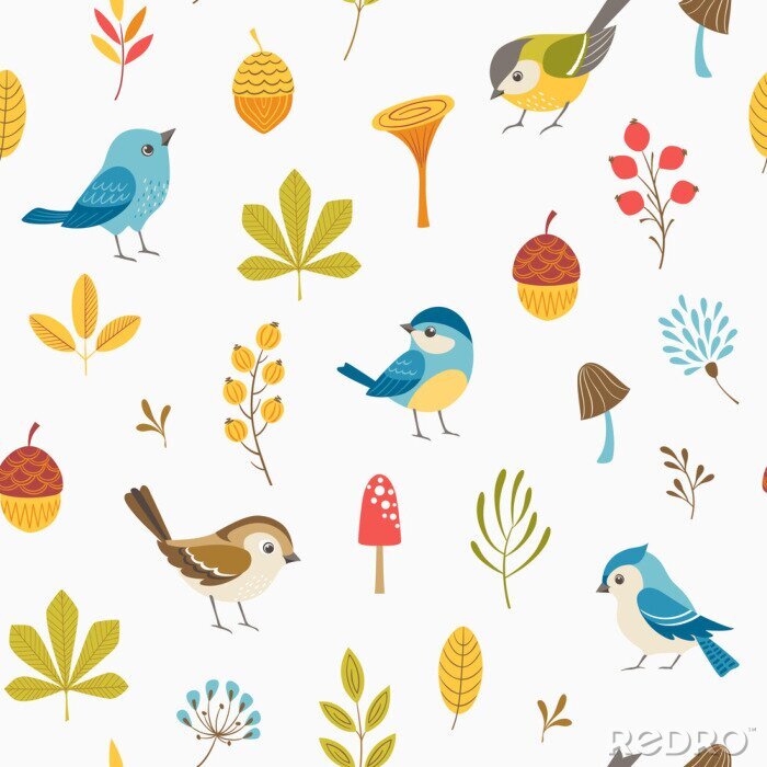 Papier peint à motif  Oiseaux colorés et plantes d'automne