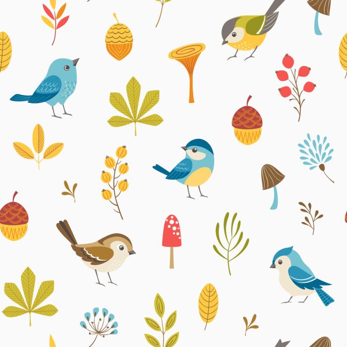 Papier peint à motif  Oiseaux colorés et plantes d'automne