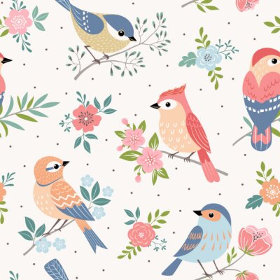 Papier peint à motif  Oiseaux colorés fleurs et pois
