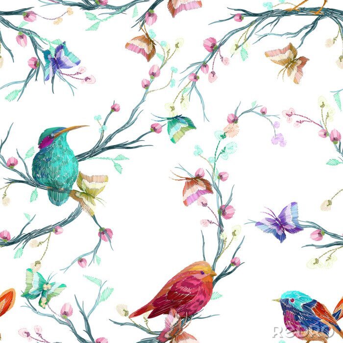 Papier peint à motif  Oiseaux colorés sur les arbres et les brindilles