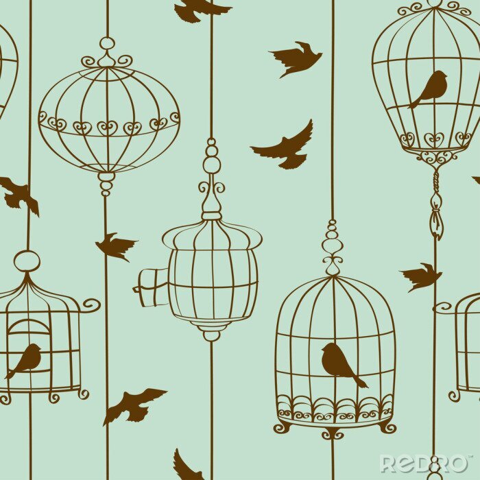 Papier peint à motif  Oiseaux dans des cages