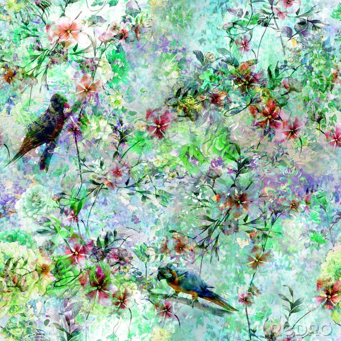 Papier peint à motif  Oiseaux dans un jardin sauvage