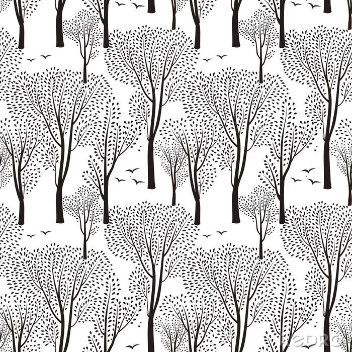 Papier peint à motif  Oiseaux dans une forêt noire et blanche