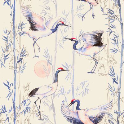 Papier peint à motif  Oiseaux dansants grues et bambous