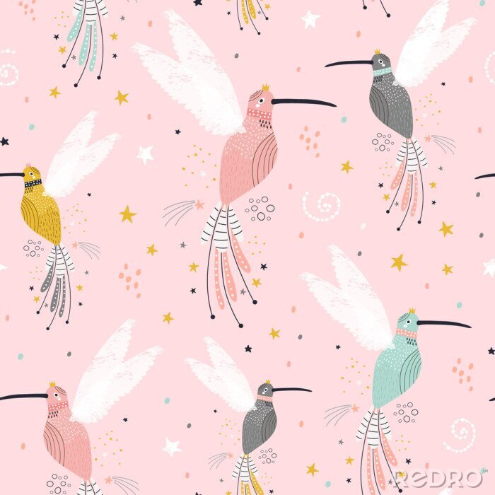 Papier peint à motif  Oiseaux de paradis sur fond rose