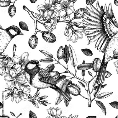 Papier peint à motif  Oiseaux de printemps sur les arbres