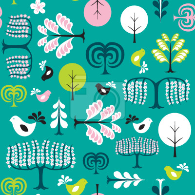 Papier peint à motif  Oiseaux et arbres dans la clairière