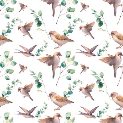 Papier peint à motif  Oiseaux et brindilles d'eucalyptus