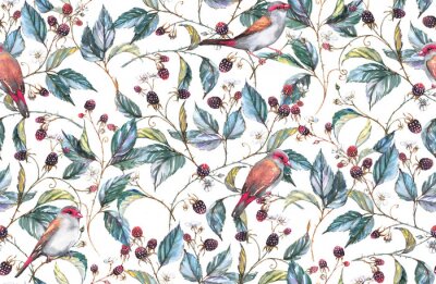 Papier peint à motif  Oiseaux et feuilles de mûres aquarelles