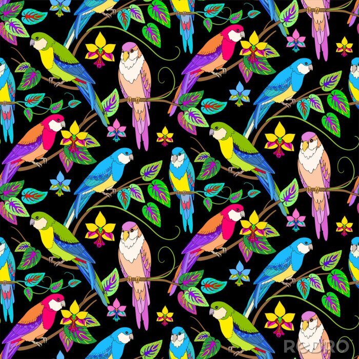 Papier peint à motif  Oiseaux et feuilles sur fond sombre