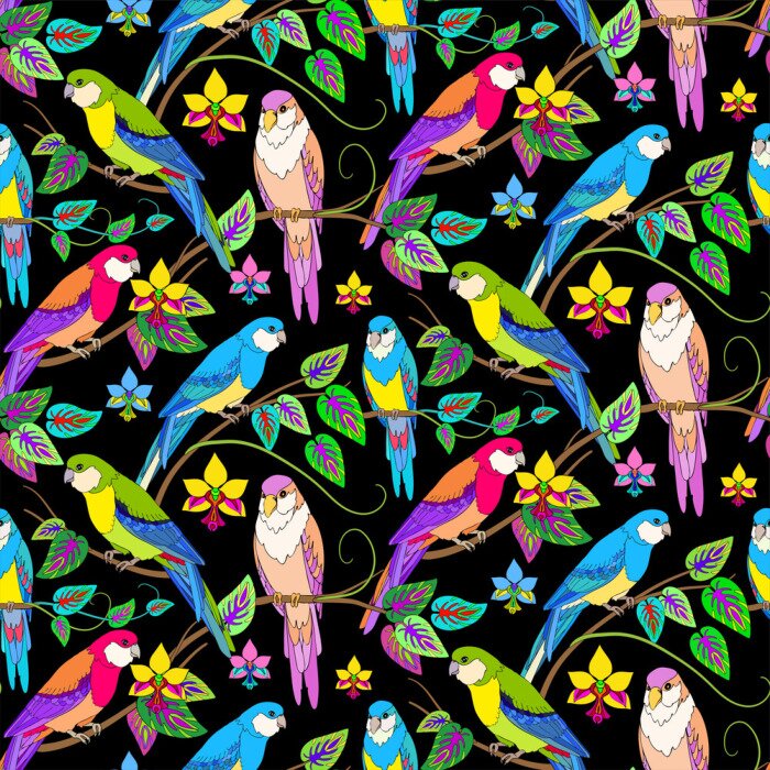 Papier peint à motif  Oiseaux et feuilles sur fond sombre