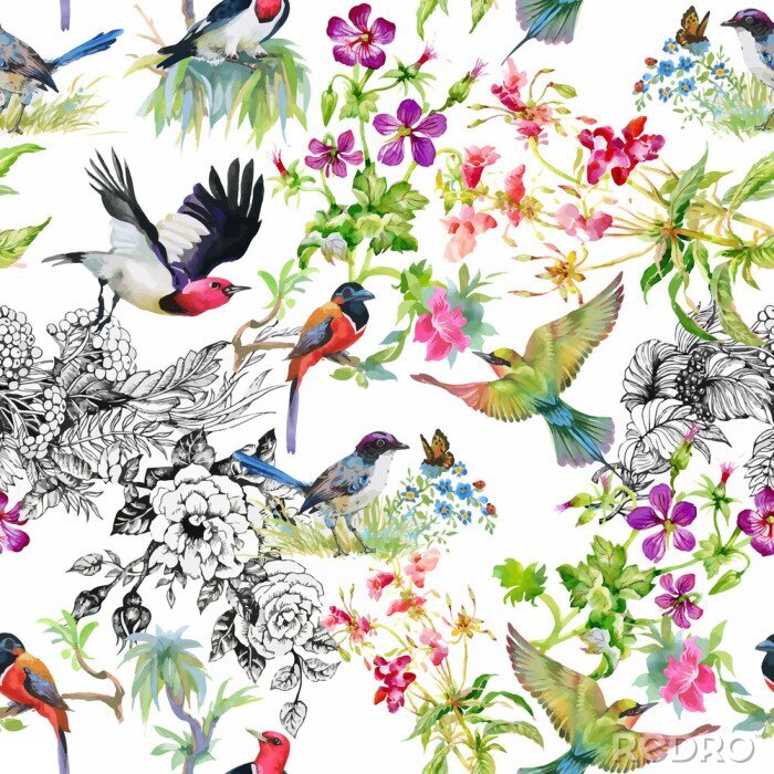 Papier peint à motif  Oiseaux et fleurs de différentes nuances