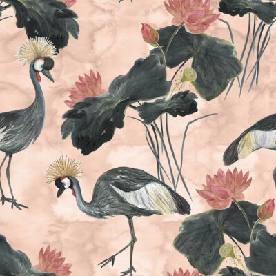Papier peint à motif  Oiseaux et fleurs de grue noire sur un fond rose