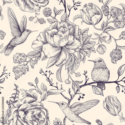 Papier peint à motif  Oiseaux et fleurs en sépia