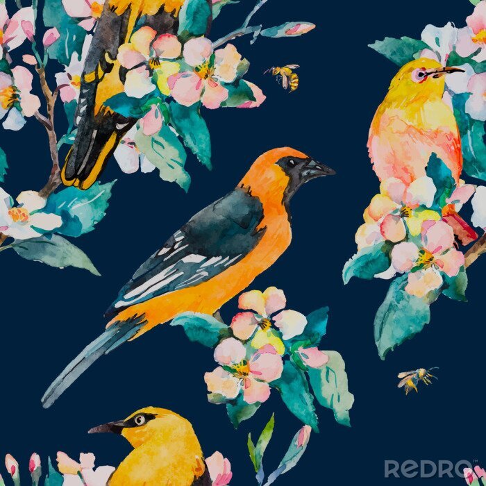 Papier peint à motif  Oiseaux et fleurs sur fond bleu marine