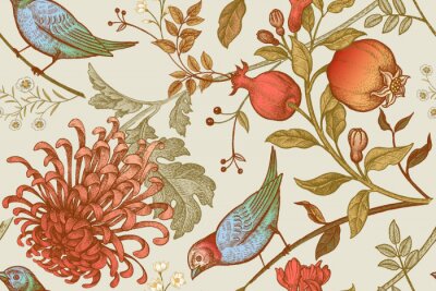 Papier peint à motif  Oiseaux et fleurs vintage